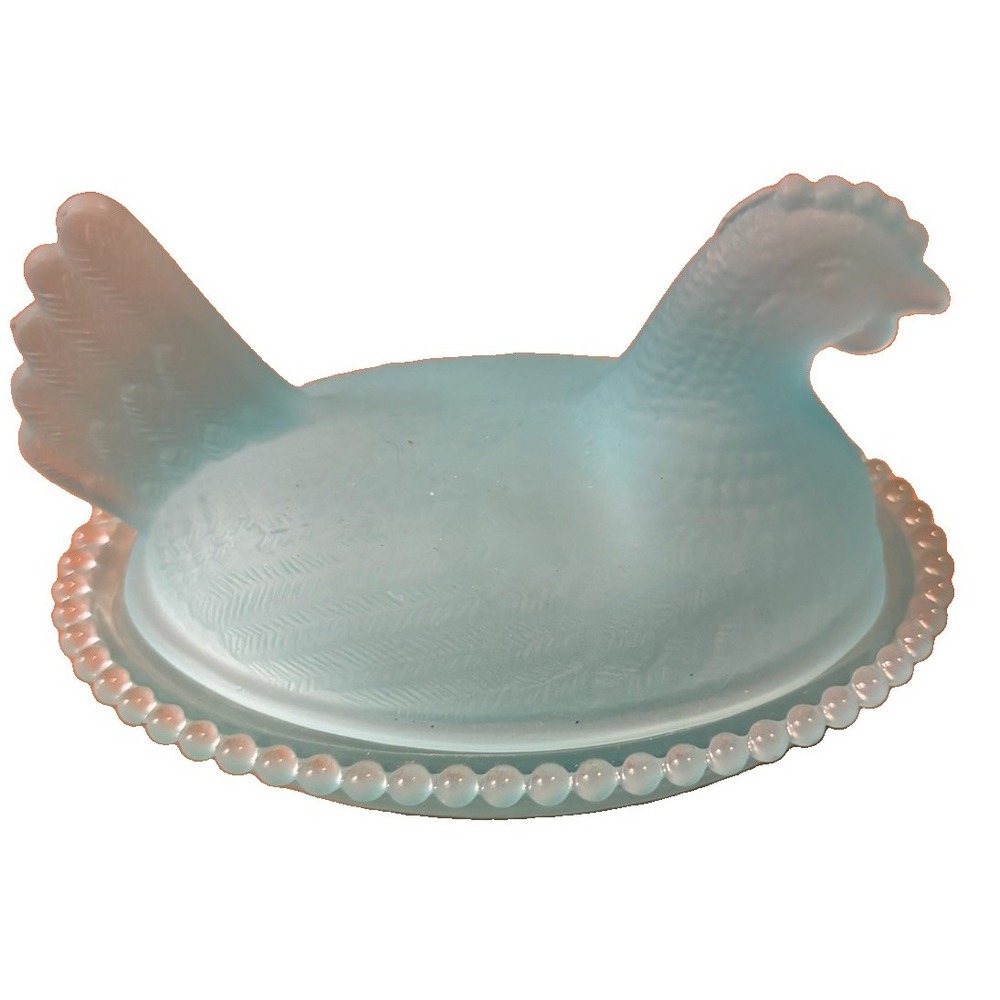 Blue Frosted Glass Hen on Nest Covered Dish Candy Trinket Jewelry Box Beaded Rim - Picture 3 of 7